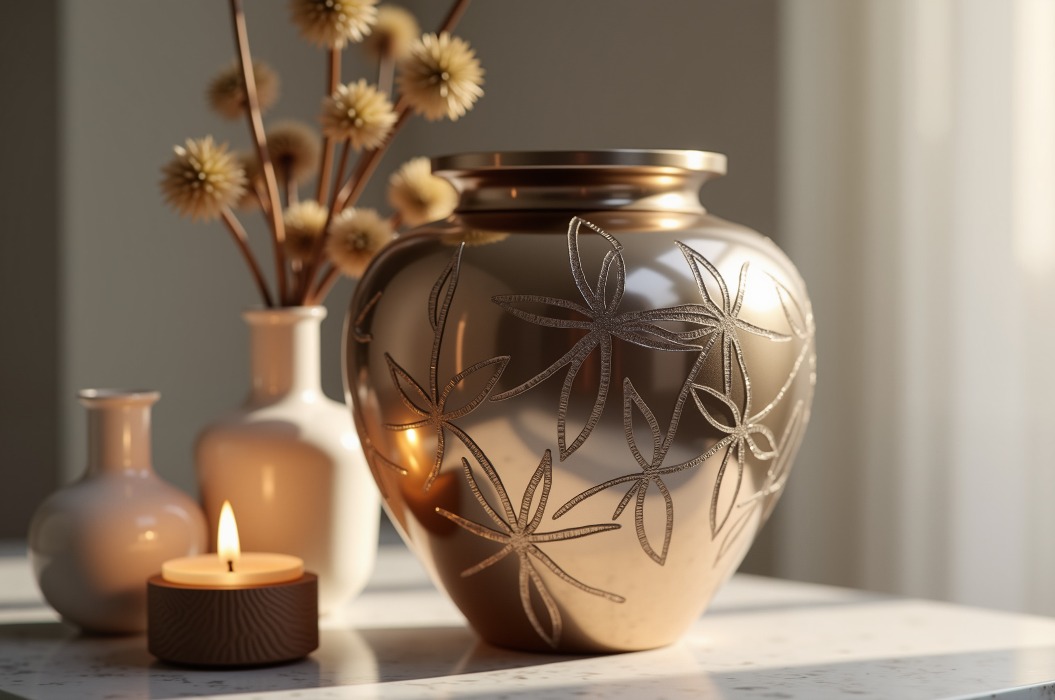 Dekorative Urne mit Blumenmuster auf einem Marmortisch