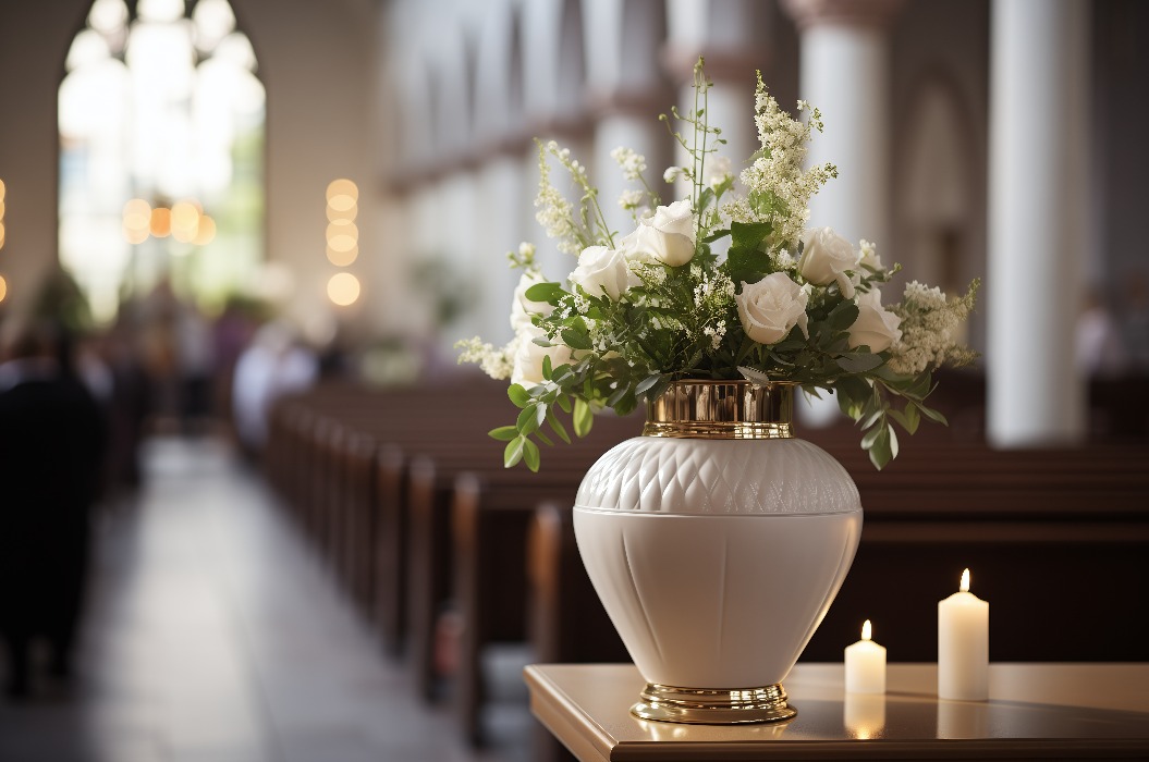 Marmorvase mit Blumen. Beerdigung, Friedhof. Kapelle an einem sonnigen Tag, unscharfer Hintergrund. Abschied
