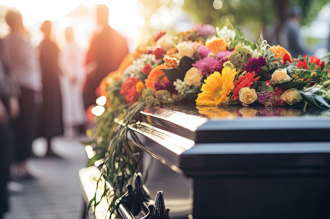 A funeral service with a coffin, flowers, and mourners in a church, symbolizing grief, remembrance, and the celebration of a life passed away.